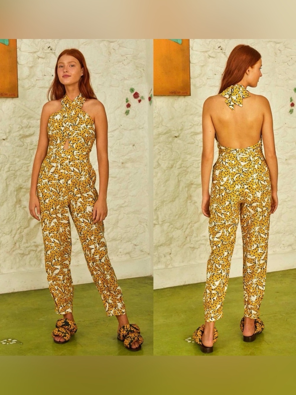 FARM RIO Spotted Banana Crossover Halter Sleeveless Jumpsuit XS